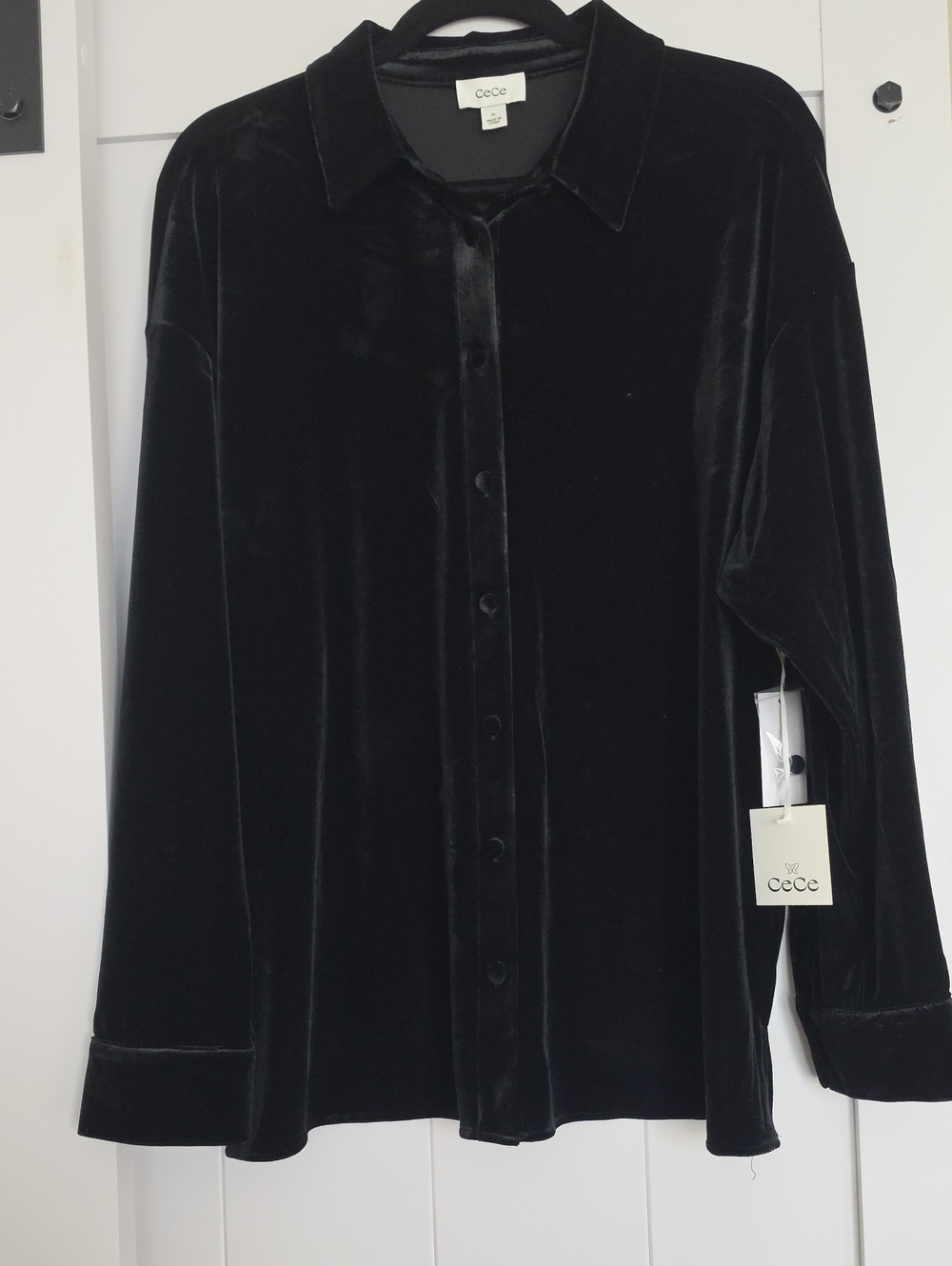 CeCe Black Velvet Button-Down Shirt
